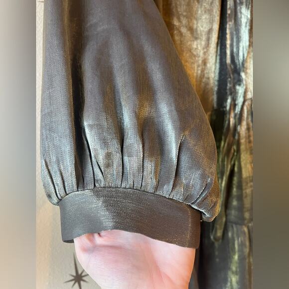 SOLD Gigio Shimmering Metallic Gold Green Mini Dress Brunch Event Party - Picture 5 of 10